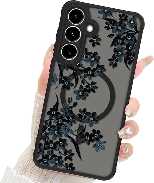 Fiyart Designed for Samsung Galaxy S25 Plus Case Matte Flowers Design Compatible with MagSafe Wireless Charging,Cute Floral Anti-Scratch Translucent Phone Cover for Women Girls 6.7"-Black