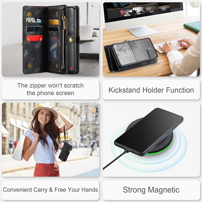 SZHAIYU 2 in 1 Detachable for Samsung Galaxy S23+ / S23 Plus Wallet Case with Card Holder, Retro Premium Flip Leather Cover Magnetic Zipper Pocket Phone Cases 6.6'' (Black,S23+/S23 Plus)