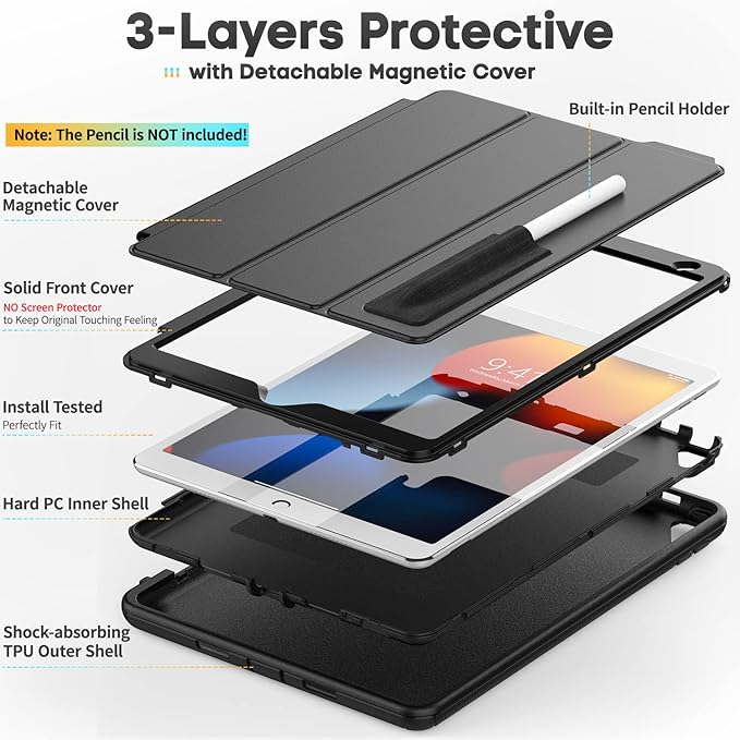 SEYMAC stock Case for iPad 9th/ 8th/ 7th Generation 10.2'', 3-Layers Full-Body Shockproof Case with Pencil Holder Folio Stand/Detachable Cover, Auto Sleep/Wake Magnetic for iPad 10.2 inch, Black