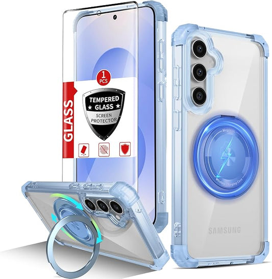Magnetic for Samsung Galaxy S25 Plus Case Compatible with MagSafe Wireless Charging,with 1 Screen Protector,S25+Plus Case Built-in 360°Kickstand Shockproof Military Grade Drop Protection Blue