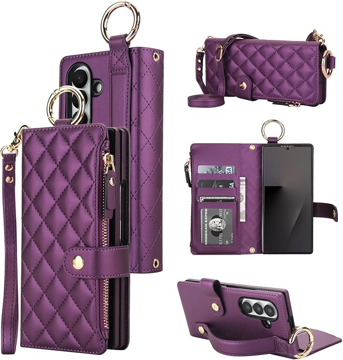 KIHUWEY for Galaxy Z Fold 7 Wallet Case with Card Holder Premium Leather Magnetic RFID Blocking Shockproof Zipper Wrist Strap Lanyard Cover for Samsung Galaxy Z Fold 7 8.0 Inch (Dark Purple)