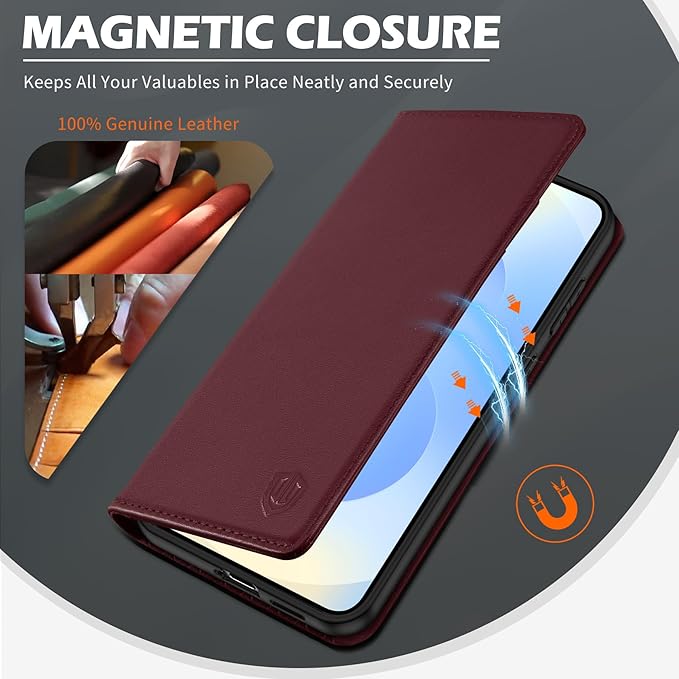 SHIELDON Wallet Case for Galaxy S25 Edge 5G 6.7", Genuine Leather Flip Magnetic Cover RFID Blocking Card Slot Kickstand Shockproof Protective Case Compatible with Galaxy S25 Edge 2025 - Nappa Wine Red