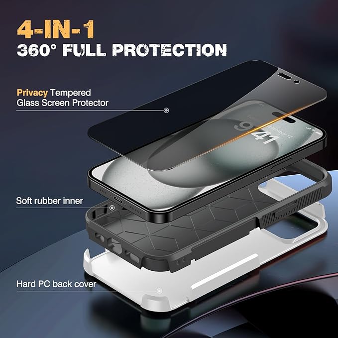 Diaclara Designed for iPhone 15 Case, [with Privacy Screen Protector] [Anti Spy] [Military Grade Drop Protection] Heavy Duty Full-Body Shockproof Phone Case, White