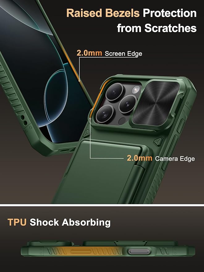 Vihibii for iPhone 16 Pro Max Case with Card Holder (4 Cards) [RFID Blocking] & Slide Lens Cover, Military Grade Drop Protection, Rugged Hard Back & Silicone Edge Wallet Phone Case, 6.9" 2024, Green