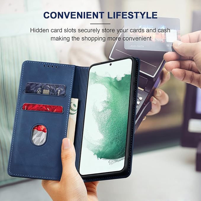 Jasonyu Flip Wallet Case for Samsung Galaxy S22 5G,Leather Magnetic Folio Cover with Card Holder,Kickstand - TPU Shockproof Durable Protective Phone Case,Blue