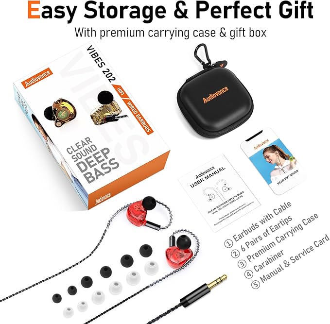 Vibes 202 Wired Earbuds - HiFi in Ear Monitor Headphones – Professional Noise-Isolating Ear Buds - Clear Sound, Deep Bass & Comfort-Fit IEM Earphones - MMCX to 3.5mm, Silver Plated Cord, Carrying Case