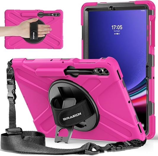 BRAECNstock for Samsung Galaxy Tab S10+ Plus/ S9 FE+ Plus/ S9+ Plus/ S8+ Plus/ S7 FE/ S7+ Plus 5G Tablet Case 12.4" Shockproof Protective Cover with Pen Holder Rotating Hand Strap & Stand - Rose Red