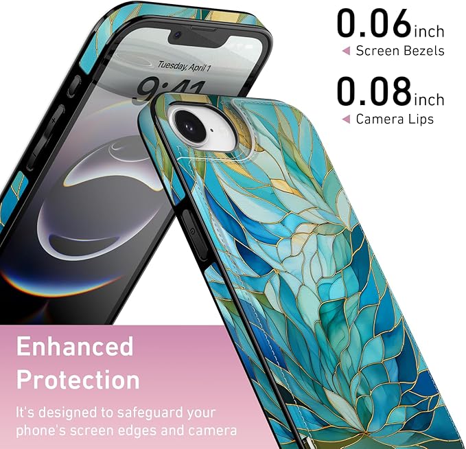 FUNMIKO for iPhone 16e Wallet Case with Card Holder, RFID-Blocking, Military-Grade Protection & UV-Printed Artwork, Magnetic Closure with Leather Kickstand - Sleek Cyan Leaf