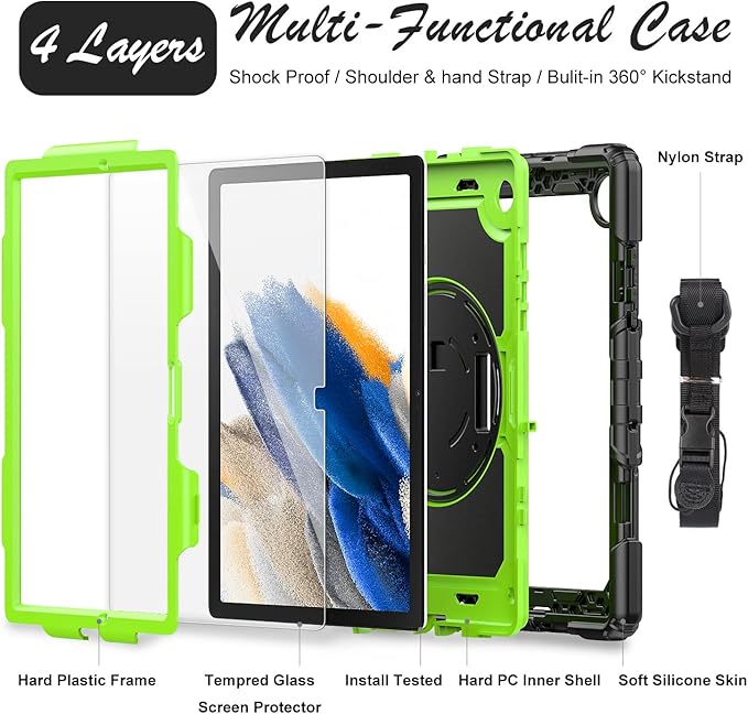 Case for Samsung Galaxy Tab A8 10.5-inch Tablet Case 2022 SM-X200/X205/X207, [with Tempered Glass Screen Protector] Rotating Kickstand/Hand & Shoulder Strap/S Pen Holder (Green)