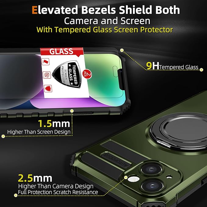 for iPhone 13 Case Magnetic Compatible with MagSafe Wireless Charging,with 2 Screen Protectors,Built-in 360°Kickstand Ring,Military Grade Drop Shockproof Heavy Duty Protection Phone Men Blue