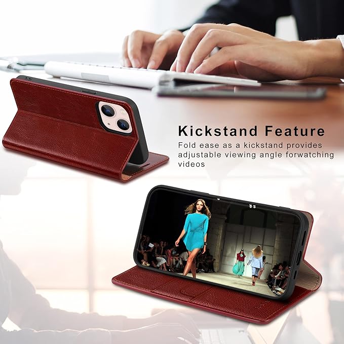 Belemay Compatible with iPhone 14 Plus Wallet Case-Genuine Leather Flip Phone Case-RFID Blocking Card Holders-Shockproof TPU Shell Folio Cover Women Men Compatible with iPhone 14 Plus (6.7") Burgundy