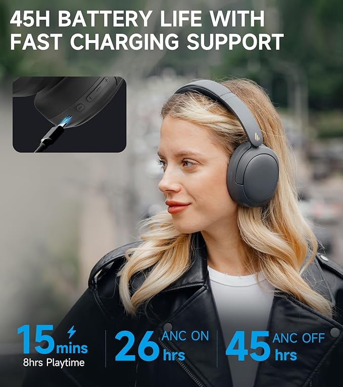 Edifier W800BT Pro Hybrid Active Noise Cancelling Headphones - Hi-Res Audio - AI Call Noise Cancellation - 45H Playtime - Fast Charging - Foldable - Wireless Over-Ear Bluetooth 5.4 Headphones - Gray