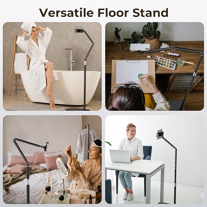 Tablet Floor Stand with 10.6 LB Heavy Metal Base, Adjustable Height Stretchable Arm Overhead Bed Phone Stand, Compatible with iPad mini Air Pro, Kindle, Switch, Galaxy Tab, Cell Phones