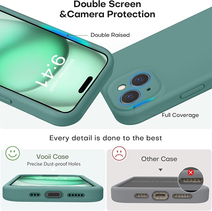 Vooii Compatible with iPhone 15 Case, Upgrade Defender Liquid Silicone, [Enhanced Camera Protection] [Soft Anti-Scratch Microfiber Lining] Shockproof Phone Case for iPhone 15 6.1 inch - Pine Green