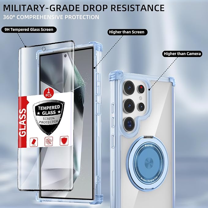 for Samsung Galaxy S24 Ultra Case Compatible with Magnetic Wireless Charging with Screen Protectors,Galaxy S24 Ultra Case Built-in Kickstand Ring Military Grade Drop Protection Shockproof Blue