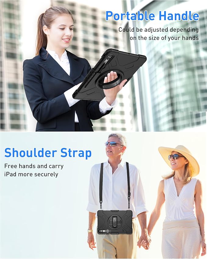 SUPFIVES Case for Samsung Galaxy Tab S10 Plus 12.4 Inch 2024: Tab S9 Plus 12.4 Case with Screen Protecor/S-Pen Holder/Handle/Rotating Kickstand/Shoulder Strap- Black