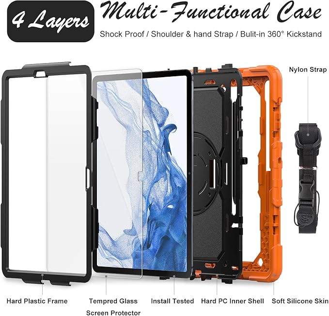 Tablet Case for Samsung Galaxy Tab S8 Plus 2022/S7 FE/S7 Plus 5G 12.4" [with 9H Tempered Glass Screen Protector],Rotating Kickstand/S Pen Holder/Shoulder & Hand Strap (Orange)