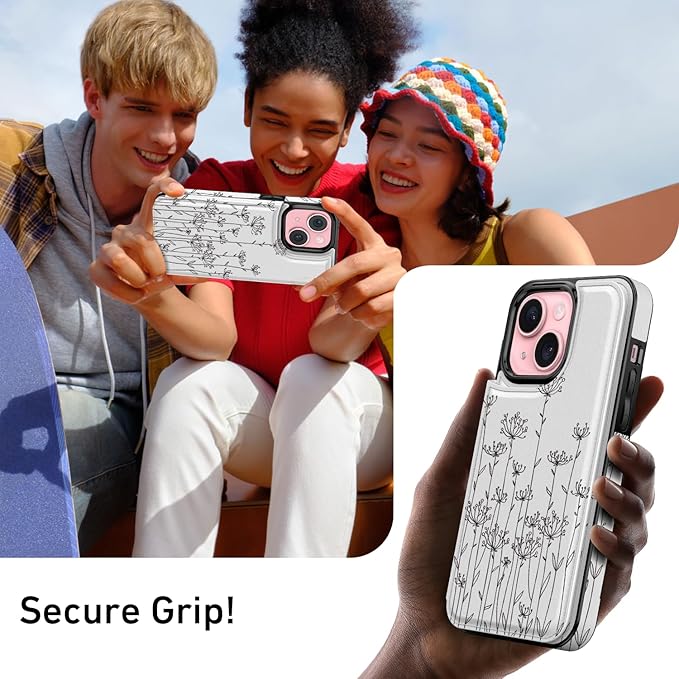 FUNMIKO for iPhone 13 Mini Wallet Case with Card Holder, RFID-Blocking, Military-Grade Protection & UV-Printed Artwork, Magnetic Closure with Leather Kickstand - Elegantly Sketched Flower