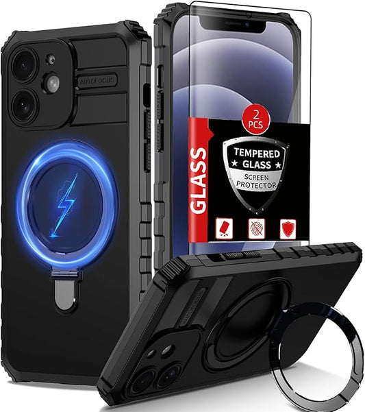 for iPhone 12 Case Magnetic Compatible with MagSafe Wireless Charging,with 2 Screen Protectors,Built-in Kickstand Ring,Shockproof Shock-Absorbent Scratch Resistant Heavy Duty Protection Black