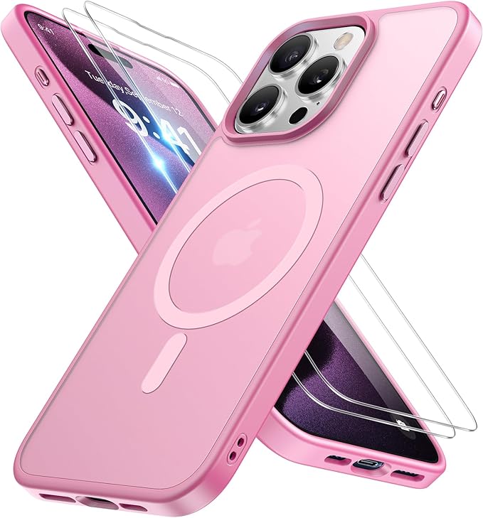 Miracase Magnetic for iPhone 15 Pro Case 6.1 inch (Compatible with MagSafe)（with 2X Screen Protectors）Military-Grade Protection, Anti-Fingerprint Translucent Matte Phone Cover, Mes Pink