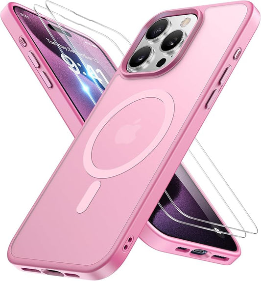 Miracase Magnetic for iPhone 15 Pro Max Case 6.7 inch (Compatible with MagSafe)（with 2X Screen Protectors） Military-Grade Protection, Anti-Fingerprint Translucent Matte Phone Cover, Mes Pink