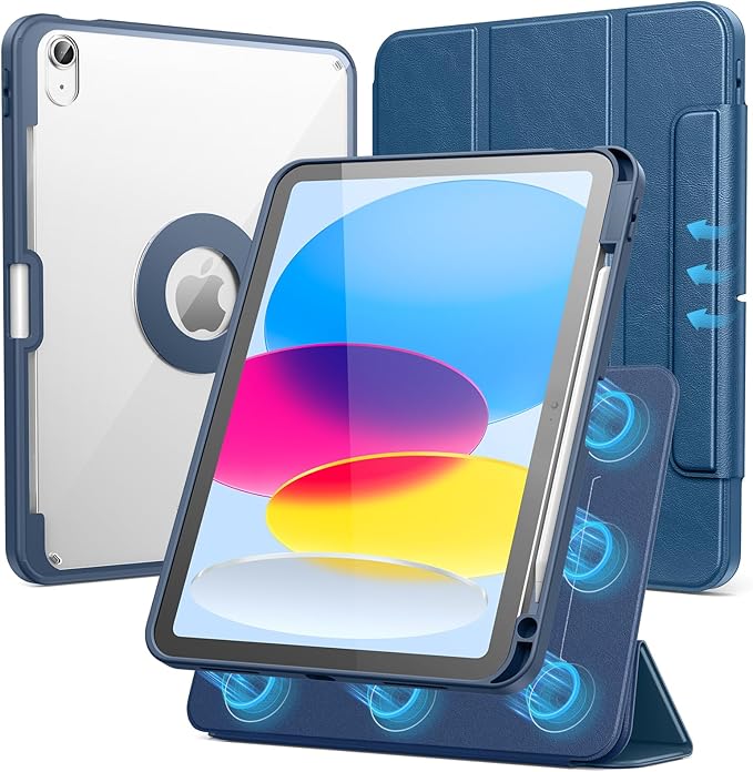 SPARIN Case for iPad A16 11th/10th Generation 2025/2022 (11"/10.9") with Pencil Holder, Magnetic Detachable Hybrid Stand, Portrait/Landscape Angle, Clear Protective Case, Auto Wake/Sleep-Navy Blue