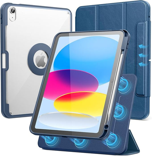 SPARIN Case for iPad A16 11th/10th Generation 2025/2022 (11"/10.9") with Pencil Holder, Magnetic Detachable Hybrid Stand, Portrait/Landscape Angle, Clear Protective Case, Auto Wake/Sleep-Navy Blue