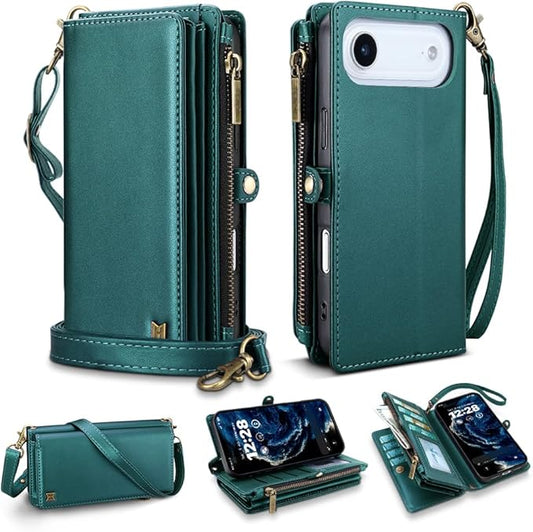 for iPhone Air Wallet Phone Case with 8 Card Holder,RFID Blocking | PU Leather | Kickstand | Flip | Wrist Strap&Shoulder Strap | Shockproof | Zipper Wallet | Women Men | 6.5" | Green