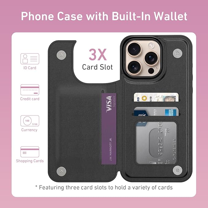 FUNMIKO for iPhone 16 Pro Wallet Case with Card Holder, RFID-Blocking, Military-Grade Protection & UV-Printed Artwork, Magnetic Closure with Leather Kickstand - Black