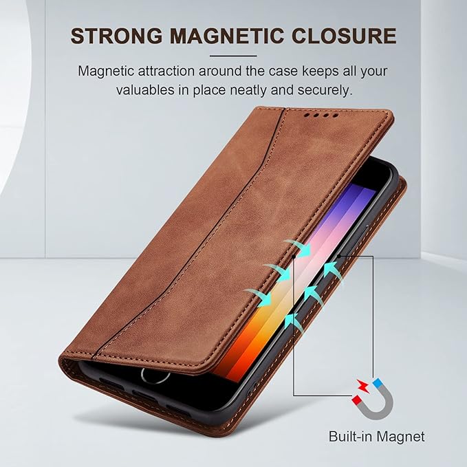 Jasonyu Flip Wallet Case for iPhone SE 2022/2020/8/7,Leather Magnetic Folio Cover with Card Holder,Kickstand - TPU Shockproof Durable Protective Phone Case,Brown