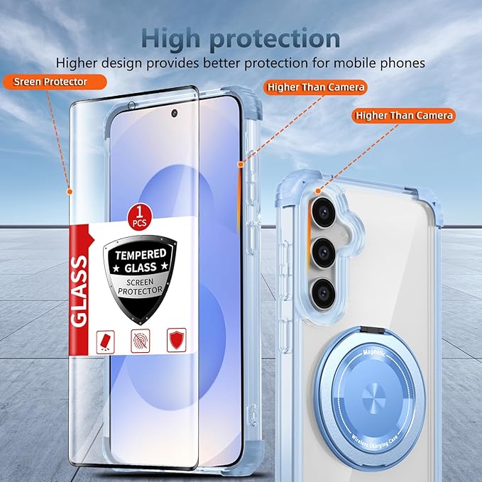 Magnetic for Samsung Galaxy S25 Plus Case Compatible with MagSafe Wireless Charging,with 1 Screen Protector,S25+Plus Case Built-in 360°Kickstand Shockproof Military Grade Drop Protection Blue