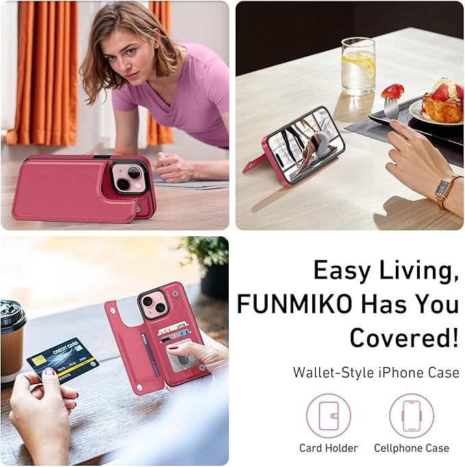 FUNMIKO for iPhone 15 Wallet Case with Card Holder, RFID-Blocking, Military-Grade Protection & UV-Printed Artwork, Magnetic Closure with Leather Kickstand - Hot Pink