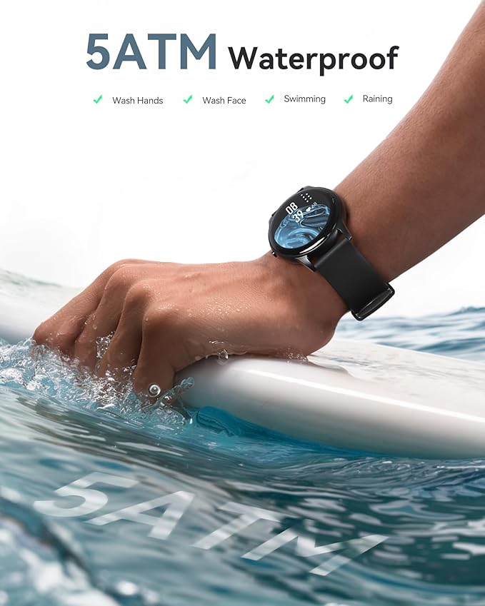 AGPTEK Smart Watch for Women Men, 5ATM Waterproof Smartwatch for Android and iOS Phones, Fitness Tracker Watch with 100+ Sports Modes, Heart Rate Monitor Pedometer Sleep Monitor, Black