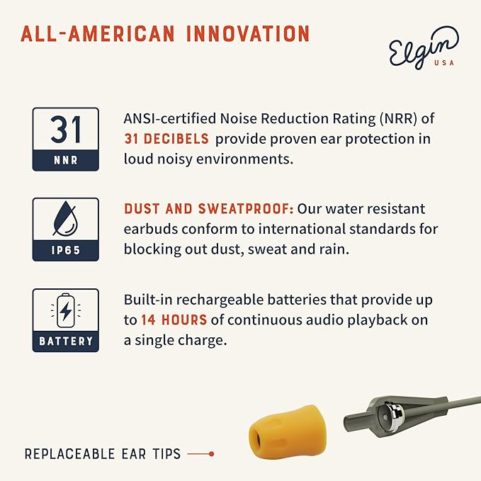 Elgin Discord Gen 3 Bluetooth Earplug Earbuds, OSHA Compliant Wireless in-Ear Headphones, 31dB NRR ANSI Certified Noise Isolation, Dynamic 8mm Driver, USB-C Charging, 14-Hour Playback