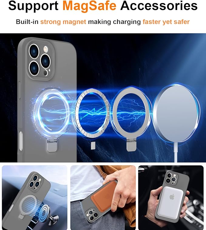 ZHK Liquid Silicone Designed for iPhone 16 pro Case with Magnet Stand, [Precise Camera Lens Protection][Mil-Grade Drop Shockproof][Soft Anti-Scratch Microfiber Lining] Slim Fit Cover, Grey