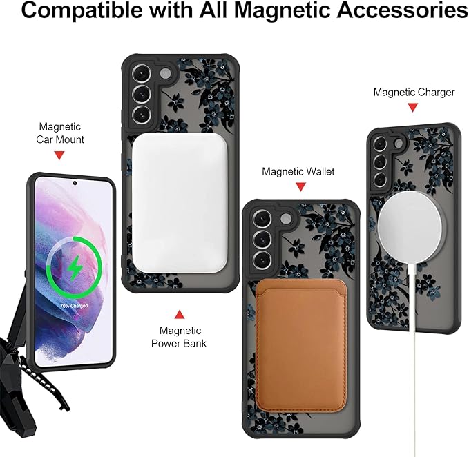 Fiyart Designed for Samsung Galaxy S21 Plus Case Matte Flowers Design Compatible with MagSafe Wireless Charging,Cute Floral Anti-Scratch Translucent Phone Cover for Women Girls 6.7"-Black