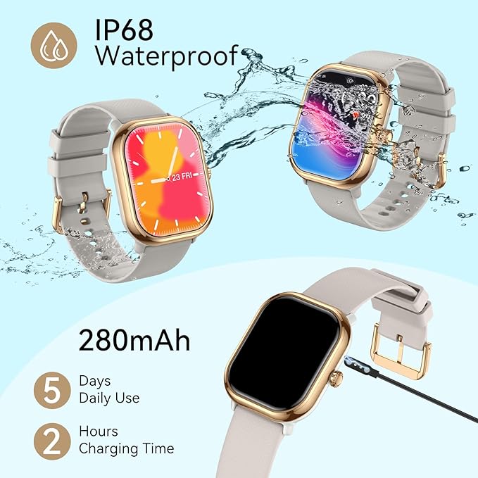 Smartwatch(Answer/Make Call), 1.96" Smart Watches for Women with 100 Sport Modes, IP68 Waterproof Fitness Tracker Compatible with iOS and Android (Gold Gray, 1.96)