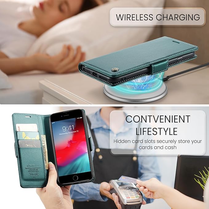 for iPhone 8 Plus & 7 Plus Case, Premium PU Leather Wallet Case Flip Cover with [RFID Blocking][Card Holder][Stand Function] Shockproof Protective for iPhone 8 Plus & 7 Plus, Blue-Green