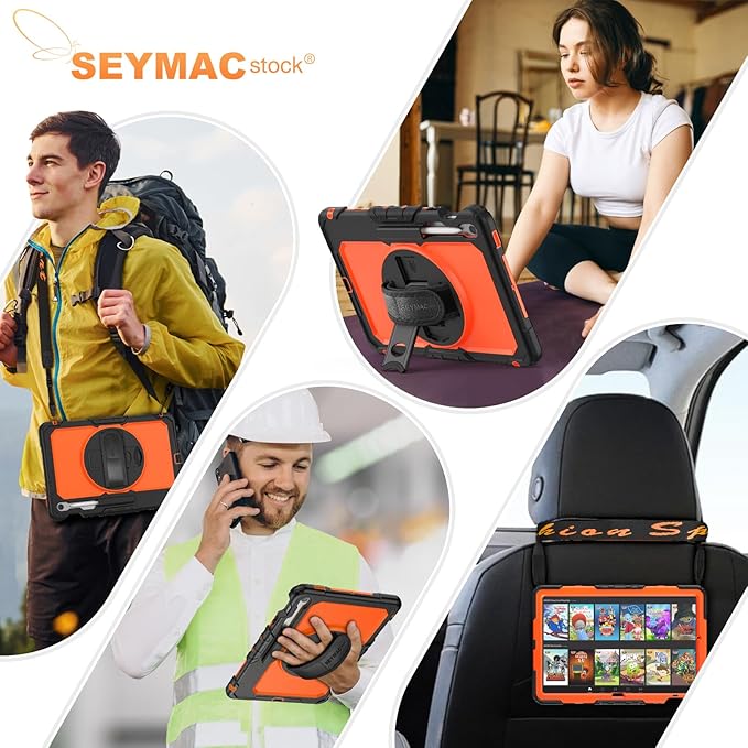 SEYMAC stock Case for Samsung Galaxy Tab S10 FE+ Plus 5G Tablet Case 13.1'' Protective with Screen Protector, Pencil Holder, 360 Rotating Stand, Hand Strap, Shoulder Strap, Orange