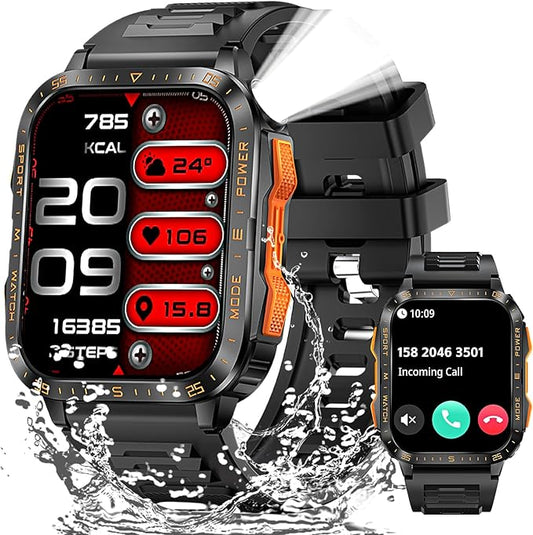 Military Smart Watches for Men (Make/Answer Call) with LED Flashlight 1.96" Screen 430mAh Fitness Tracker with Sport Modes Heart Rate Sleep Monitor Rugged Smartwatch for iPhone Android