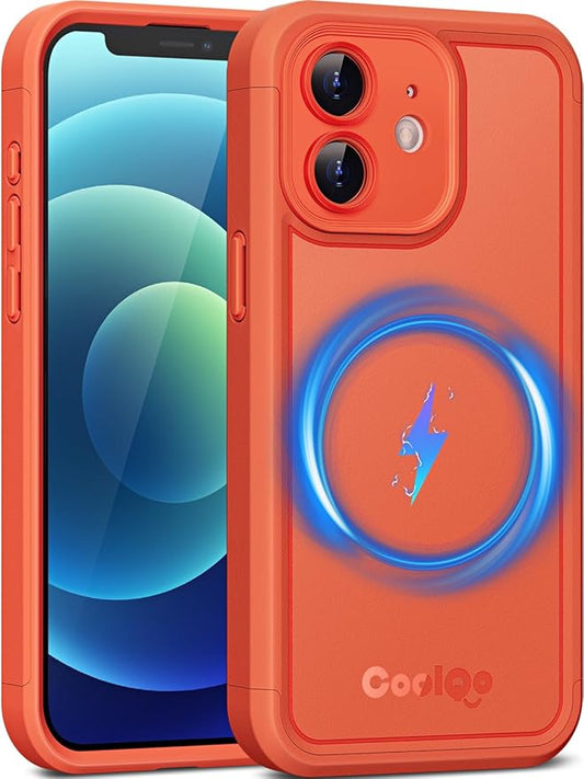 COOLQO Magnetic for iPhone 12 Case, Compatible with MagSafe, Dual Layer Design Military Grade Protection, Translucent Matte Scratch-Resistant Back Protective Shockproof Phone Case, Orange