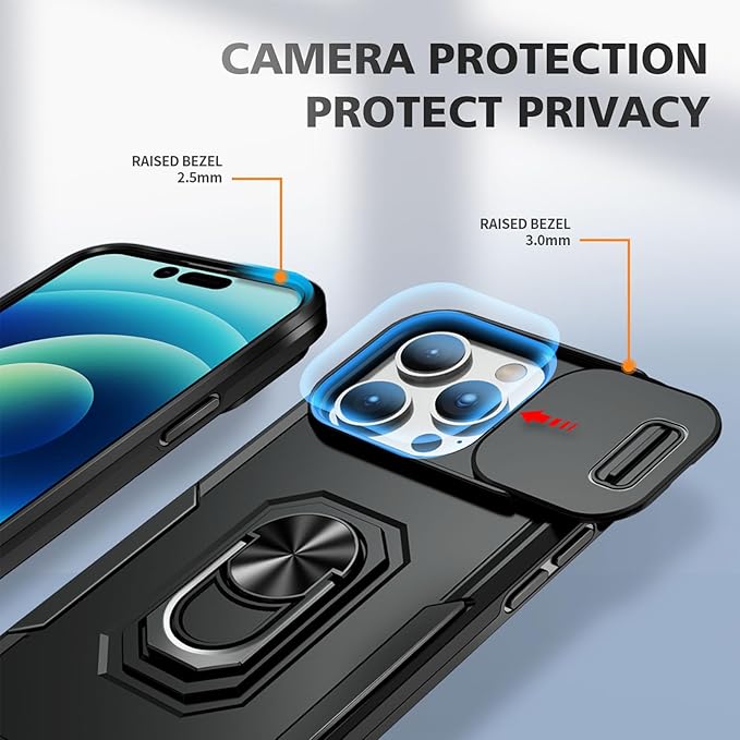 Case for iPhone 14 Pro Max Phone Case iPhone 14 Pro Max Case with Slide Camera Cover, with Finger Ring Holder Stand, fit Magnetic Car Mount, for iPhone 14 Pro Max - Black