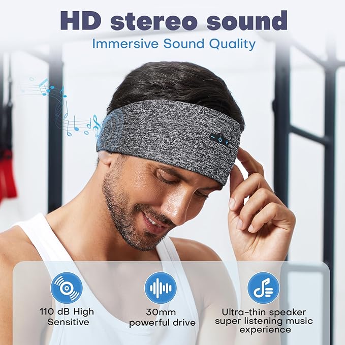 Headband Headphones Bluetooth Headband for Side Sleeper, 14 Hour Playtime, Wireless Headband with HD Stereo Speakers for Workout,Running,Yoga, Ideal Gifts for Men, Women, Teens, Grey