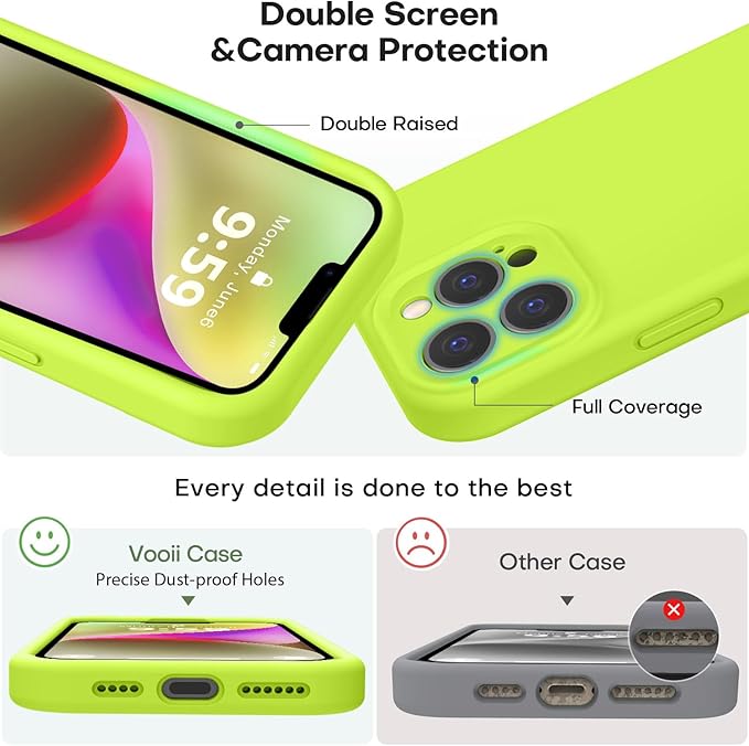Vooii Compatible with iPhone 13 Pro Case, Liquid Silicone Upgrade [Camera Protection] [Soft Anti-Scratch Microfiber Lining] Shockproof Phone Case for iPhone 13 Pro 6.1 inch - Fluorescent Green