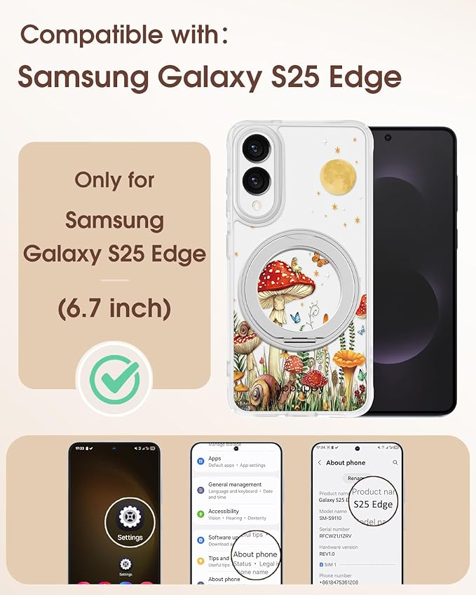 for Samsung Galaxy S25 Edge Case with 360° Rotatable Magnetic Ring - Compatible with MagSafe, Semi-Transparent Soft-Touch Material Shockproof, Cute Mushroom & Butterfly Design for Women Girl