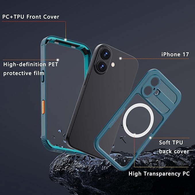 GOLDJU Magnetic for iPhone 17 Case-Waterproof, Built-in Screen & Camera Protector-IP68 Underwater Full Body 16FT Military Dropproof Shockproof Case for 17 6.3''- Blue