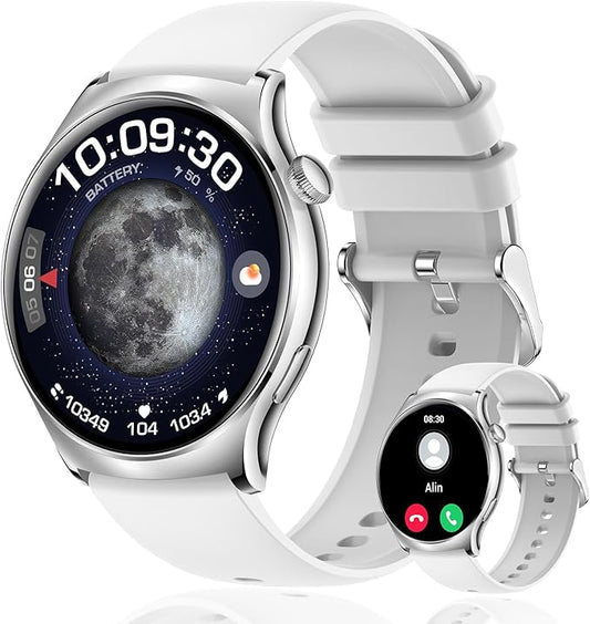 Smart Watch for Women, 1.43" HD AMOLED Bluetooth Call Smartwatch Compatible Android iPhone Phones with Fitness Tracker Counter/Heart Rate/Sleep Monitor/120+ Sports/IP68 Waterproof, Silver 2 Bands