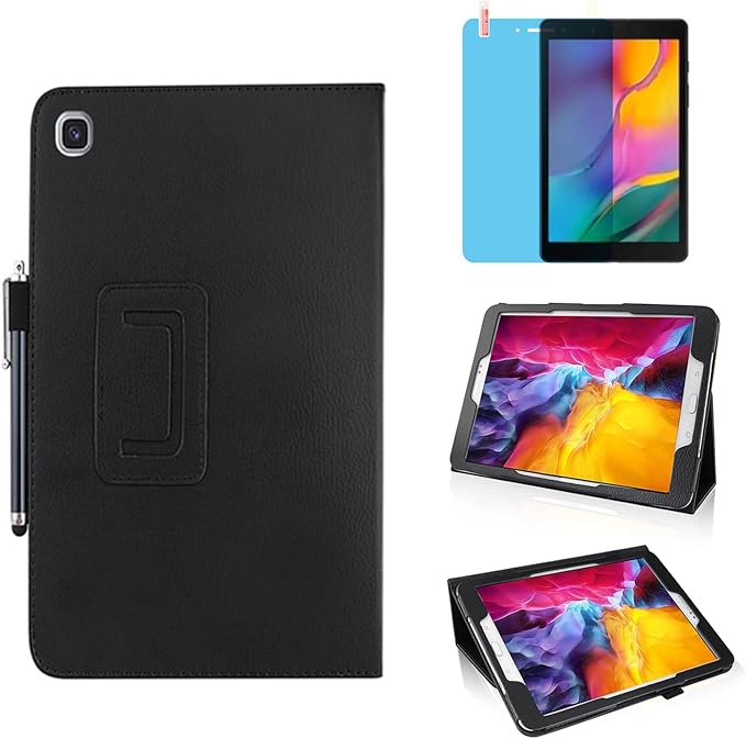 Slim Leather Case for Samsung Galaxy Tab A7 Lite 8.7'' 2021 (SM-T220 T225 T227), Multi-Angle Stand Full-Protective Tablet Cover Book Case with Stylus Pen,Screen Film (Black)