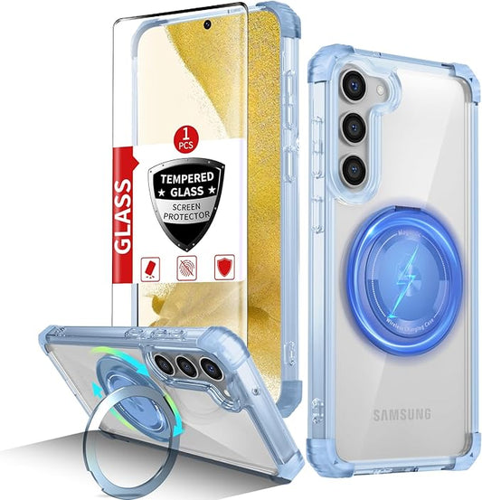 for Samsung Galaxy S22 Case Magnetic Compatible with MagSafe Wireless Charging,with 360°Kickstand Ring,for S22 Phone Case with Screen Protector, Military Grade Drop Protection Shockproof Blue