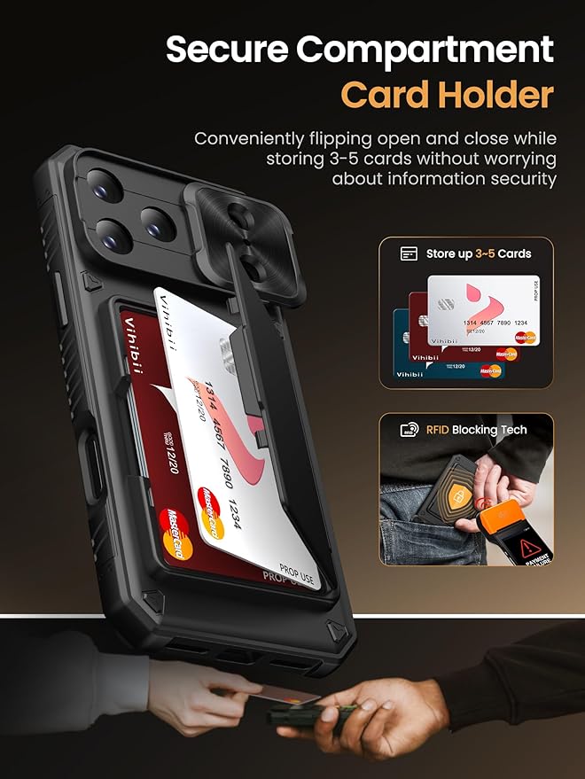 Vihibii for iPhone 17 Pro Case Wallet with Card Holder (4 Cards) [RFID Blocking] & Slide Camera Cover, Military Grade Drop Protection, Rugged Hard Back & Silicone Edge Phone Case 6.3" 5G 2025, Black